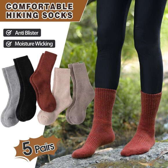 Women Merino Wool Black Gray Sock 5 Pairs Warm Thick Crew Cozy Winter Boot Socks - Picture 5 of 6